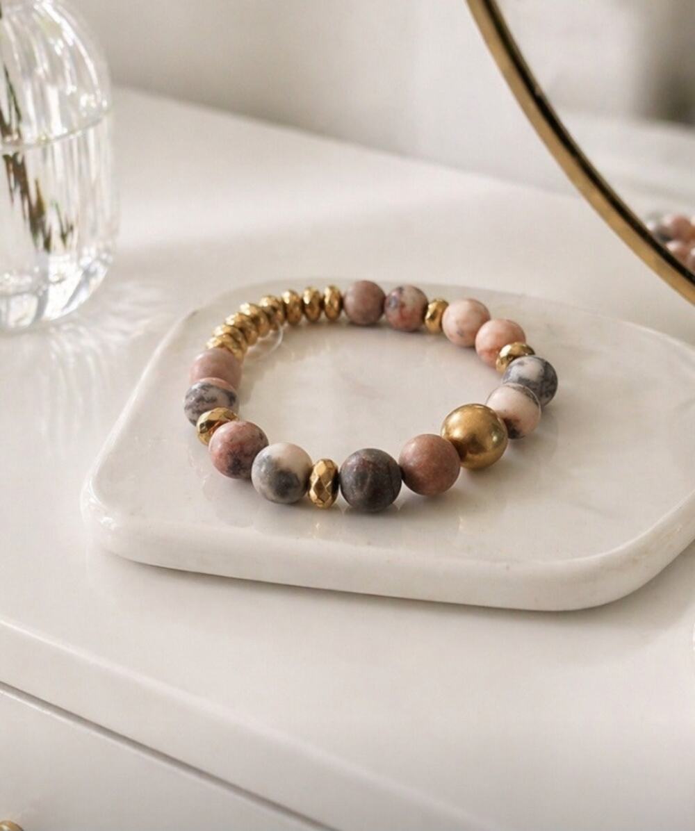 Pomina Pink Gray Gold Beaded Stretch Bracelet New